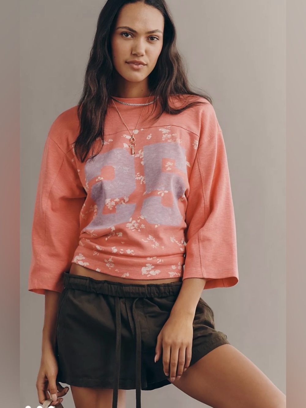 NWT Pilcro by Anthropologie 3/4 Sleeve Varsity Tee in Red Floral Size XL